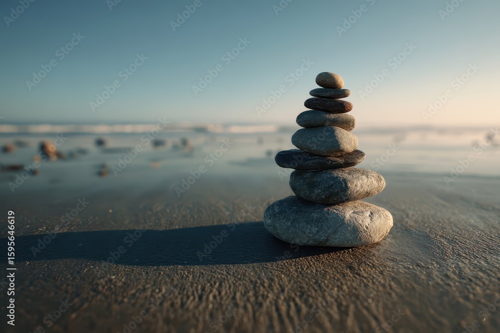 Fototapeta premium Stones stacked on beach. Waves in background. Balance. Calm, zen spa, website