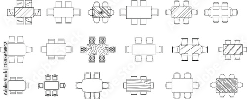a grid of various table and chair vector diagrams, each depicting a layout for 6 chairs. The arrangements include different shapes of tables—rectangular, square, and oval—with chairs positioned around