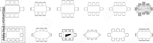 vector set of table with 8 chairs seen from top view in black and white color