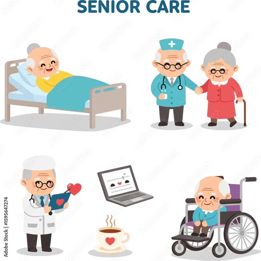 Fototapeta premium Caring for elderly: Hospital bed, doctor, walking aid, wheelchair, and home care.
