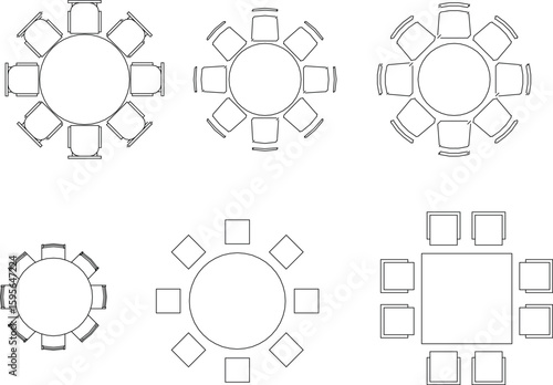 a collection of vector diagrams showcasing various table and chair arrangements, each specifically designed for 8 chairs. The layouts include circular tables with square or diamond-shaped chairs, and 