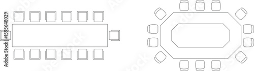  a simple vector representation of a rectangular table with fourteen chairs. There are six chairs along each of the longer sides of the table and one chair at each of the shorter ends, suggesting a se