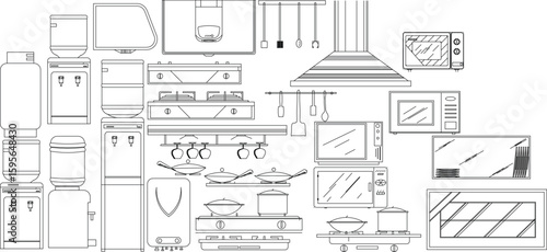  A collection of kitchen appliance and utensil line art vectors. It includes stoves, an oven, microwave, range hood, pots, pans, and hanging kitchen tools. The style is simple and outlines only.