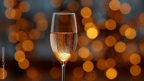 Champagne glass sparkling beverage with warm golden bokeh lights glow