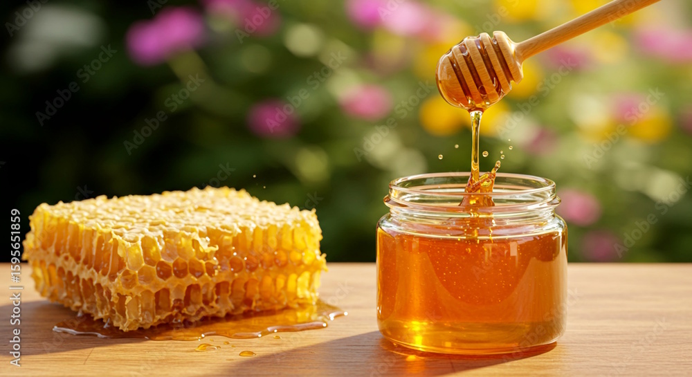 Fototapeta premium Honey dripping from wooden honey dipstick and falling in glass jar of natural organic honey with honeycomb, natural flower soft blur background