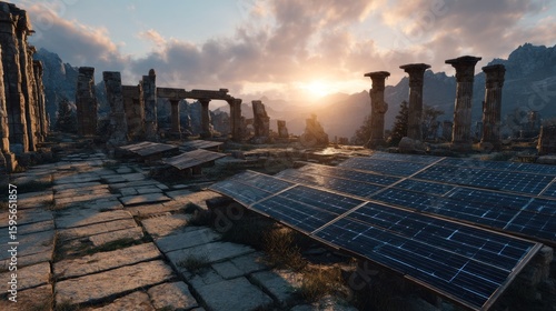 Sustainable energy future, solar panels and ancient ruins landscape at sunset