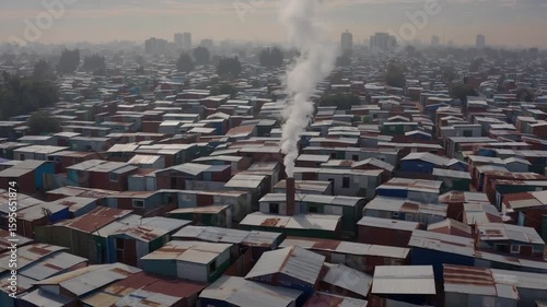 Makeshift dwellings clustered around an urban periphery beneath hazy, polluted skies. Informal housing structures in densely populated area with poor air quality.