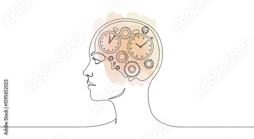 Clock gears and stopwatch inside woman’s head – symbolizing longevity, biological rhythms and time management — one line doodle drawing with watercolor fill, minimalistic vector illustration on white
