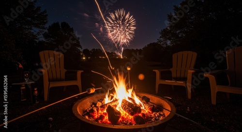 Fire pit nighttime fireworks celebration