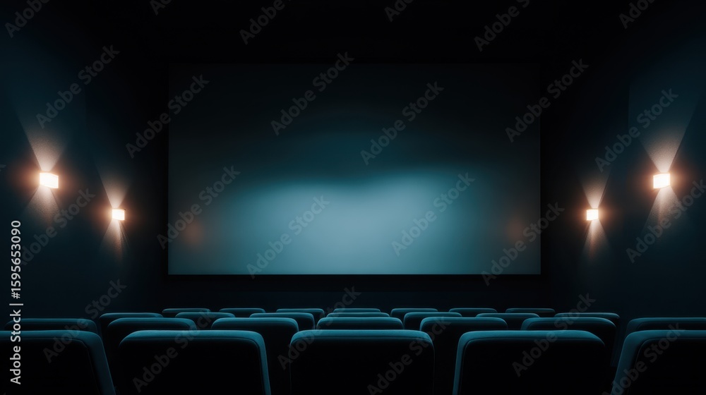 Fototapeta premium Minimalist cinema screen with ambient blue wall lights and empty theater seats