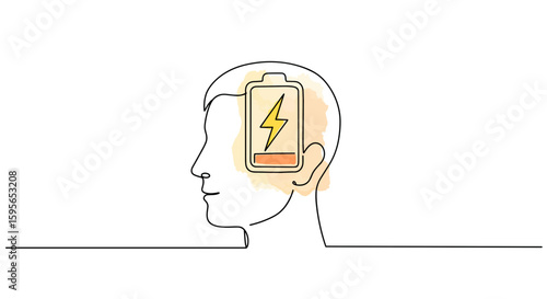 Battery icon with lightning inside man’s head – symbolizing energy management and metabolic biohacking — one line doodle drawing with watercolor fill, minimalistic vector illustration on white - напиш