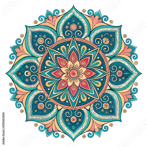"Hand-drawn mandala with floral and geometric patterns in teal, coral, and yellow tones on white background. Perfect for boho decor, meditation art, henna design, and spiritual illustrations."