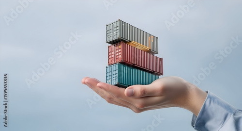 Hand holding miniature stack of shipping containers, representing global logistics