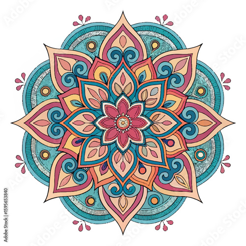 "Hand-drawn mandala with floral and geometric patterns in teal, coral, and yellow tones on white background. Perfect for boho decor, meditation art, henna design, and spiritual illustrations."