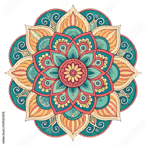 "Hand-drawn mandala with floral and geometric patterns in teal, coral, and yellow tones on white background. Perfect for boho decor, meditation art, henna design, and spiritual illustrations."