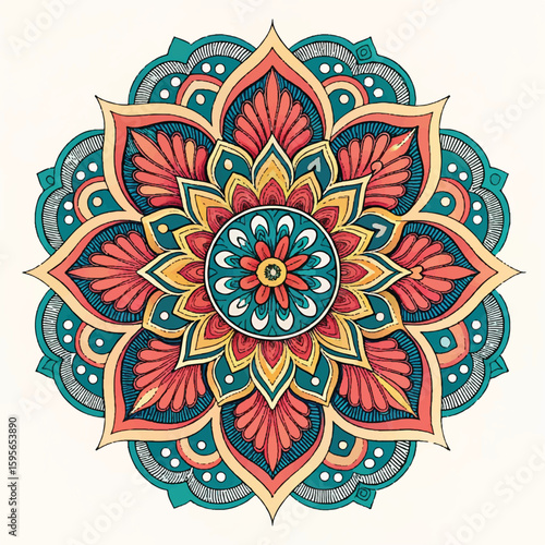 "Hand-drawn mandala with floral and geometric patterns in teal, coral, and yellow tones on white background. Perfect for boho decor, meditation art, henna design, and spiritual illustrations."