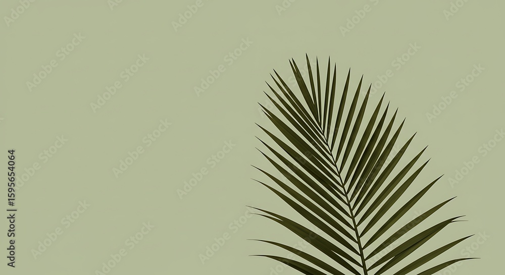 Obraz premium Palm Leaf Minimalism: A single, elegantly designed palm leaf against a light green backdrop showcases a clean, minimalistic aesthetic, evoking tranquility and simplicity.