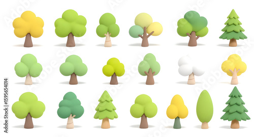 Collection of Stylized 3D Cartoon Trees in Various Shapes and Shades of Green and Yellow on White