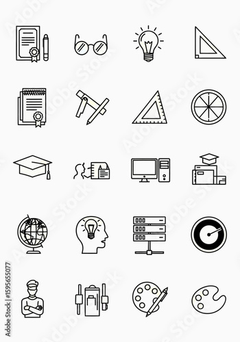 Collection of line art icons representing education, technology, and design professions.