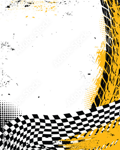 Checkered flag grunge background, car racing, tire tracks