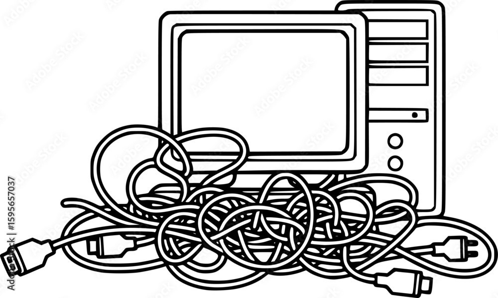 Obraz premium Computer and cables in electronic waste icon 