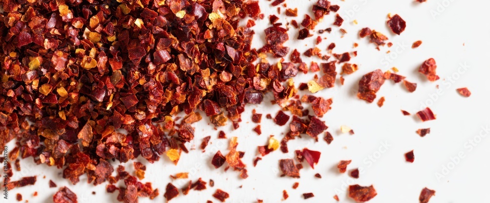 Heap of Dried Red Pepper Flakes on White Surface Macro Spice Texture Heap of Dried Red Pepper Flakes on White Surface Macro Spice Texture