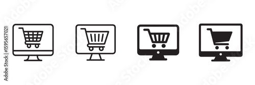 Black and white shopping cart icon on computer monitor representing digital retail online marketplaces outline and silhouette