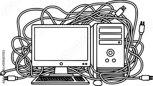 Computer and cables in electronic waste icon
