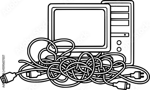 Computer and cables in electronic waste icon
