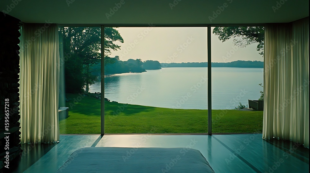 Fototapeta premium Lakeside bedroom with expansive views.