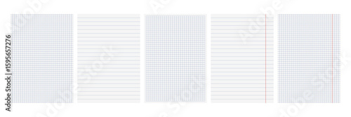Collection of vector notebook paper pages featuring various ruled and grid patterns. Blank school supply background for education and notes.