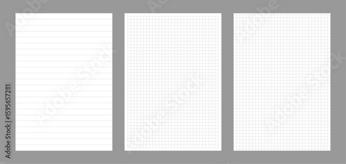 Three white paper sheets with lined, grid, and blank patterns. Versatile stationery elements for design projects illustration.