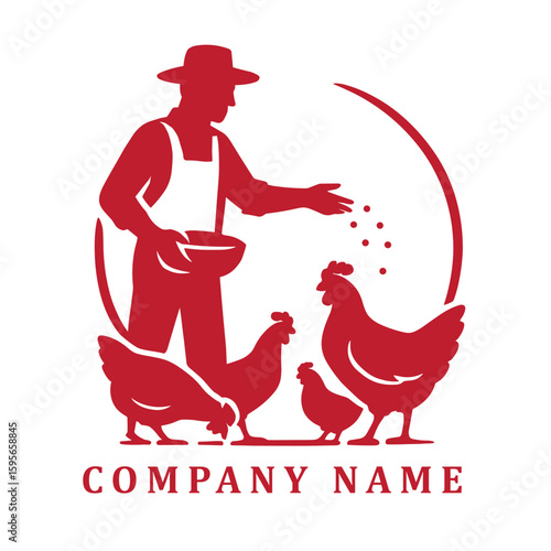 Minimalist red and white silhouette logo of a farmer tossing feed to chickens. Simple yet expressive composition captures a serene moment of daily farm life in clean, timeless style.