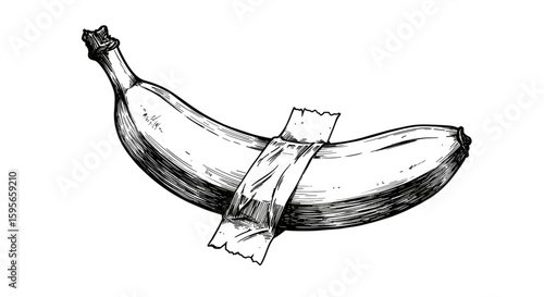 Banana taped to wall with duct tape — vintage ink sketch, hand‑drawn black and white vector illustration, engraving or woodcut, retro style


