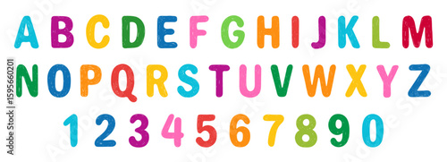 Crayon kids font, doodle funny playful alphabet. Hand drawn scribble kid typescript numbers. School wax crayon abc cute kindergarten handwriting playful letters. Colorful English alphabet and numbers