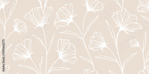 Leaves branch and Hand Drawn doodle Scribble floral plants banner, seamless pattern. Creative minimalist Abstract art background. Design wall decoration, postcard, poster or brochure