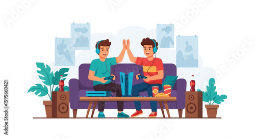 Celebrating National Friendship Day Two friends gaming together, enjoy fun moment in shared hobby, creating lasting memories.