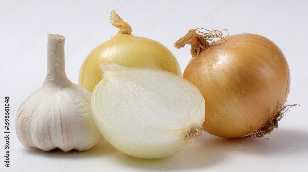 Fototapeta premium Garlic and Whole and Halved Brown Onions on White Background closeup view