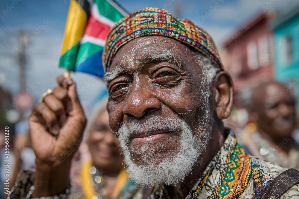 Obraz premium Elderly Caribbean man waving his nation's flag with pride during the West Indian Day Parade, smile full of emotion, surrounded by generations of family and community