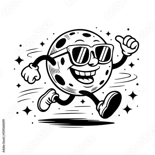 Cartoon moon character wearing sunglasses, running, and giving a thumbs up.