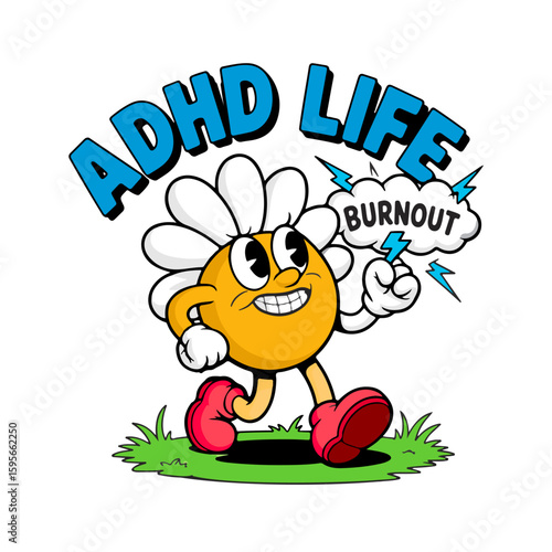 A cartoon flower character, representing ADHD, confronts burnout.