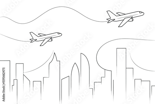 Two airplanes flying above a cityscape with curved flight paths in a black and white line drawing style
