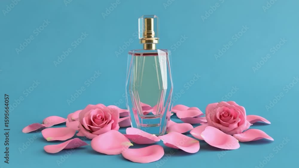 A clear glass perfume bottle with a gold cap sits amidst scattered pink rose petals on a light teal background A clear glass perfume bottle with a gold cap sits amidst scattered pink rose petals on a light teal background
