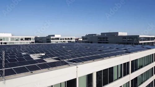 Modern office buildings with rooftop solar panels