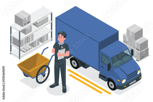 A delivery worker standing near a truck with a cart and boxes in a warehouse setting isometric view