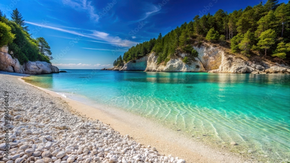 Obraz premium Sandy beach with white pebbles and crystal clear turquoise water surrounded by limestone cliffs and pine trees in the background , turquoise water, lindos bay