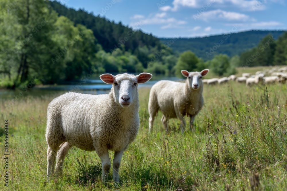 Fototapeta premium Two sheep stand in a grassy field with a river and forest in the background