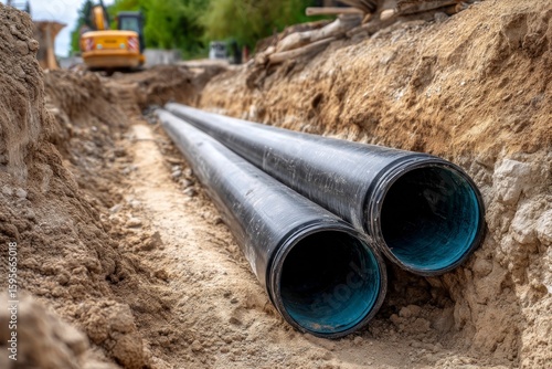 Two large black pipes sit in a dirt trench at a construction site