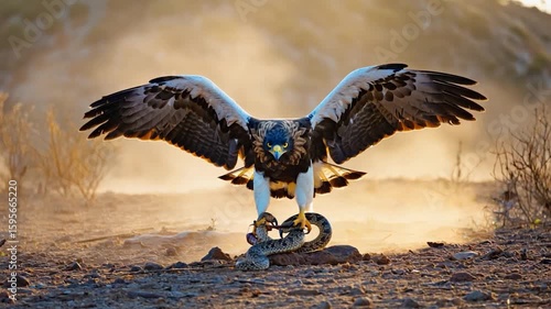 Wallpaper Mural A majestic eagle, wings outstretched, holds a snake in its talons on a dusty, arid landscape at dawn or dusk Torontodigital.ca