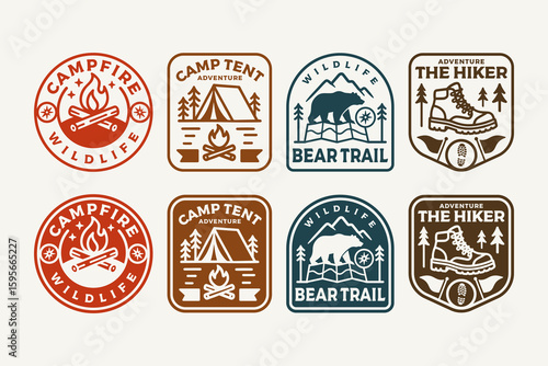 Vintage camp and hiking logo badge set. Campfire and tent adventure label design. Bear trail wildlife outdoor emblem pack. Retro hiking boot patch. Outdoor travel, forest trail vector illustration
